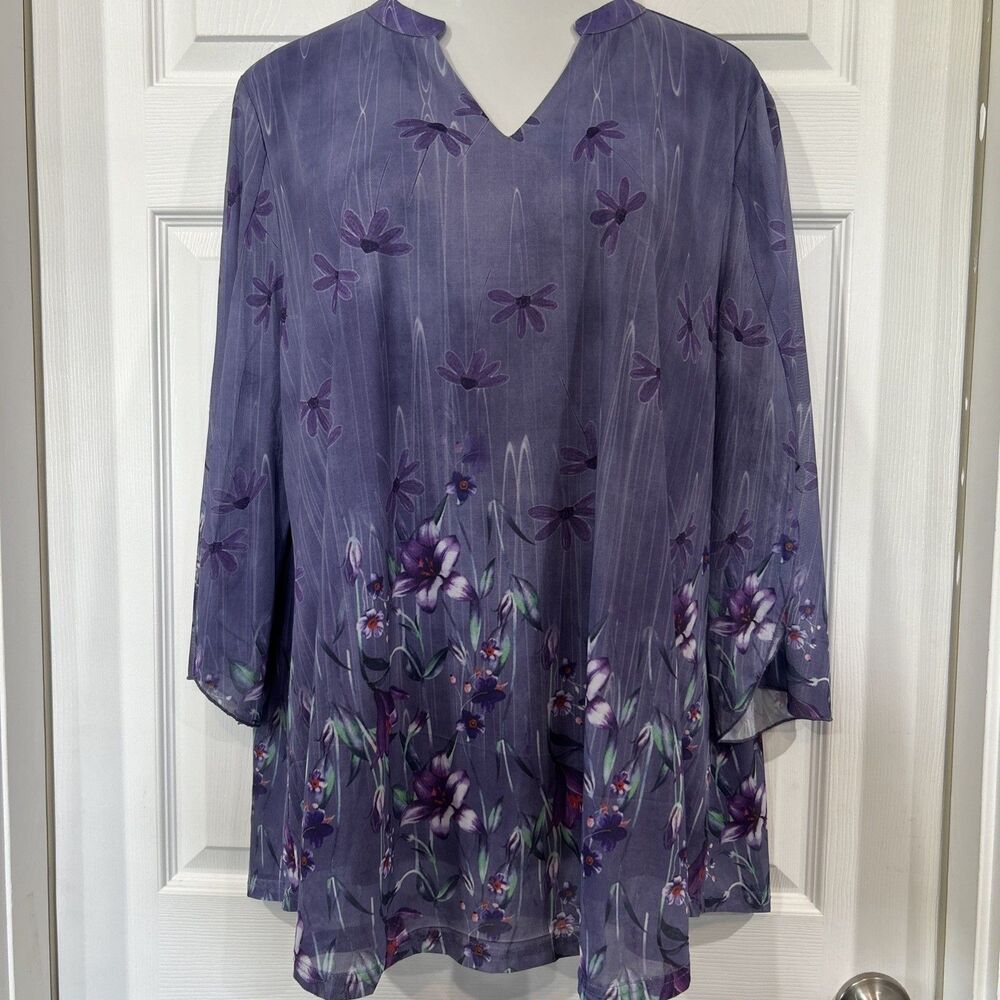 Valolia Womens Plus Size 3X Floral Tunic Top V-Neck Double Mesh Purple Floral